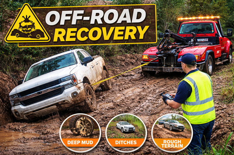 photo shows Dynamic Truck & Trailer Repair & Towing tow truck recovering a stuck 4x4 on a muddy trail