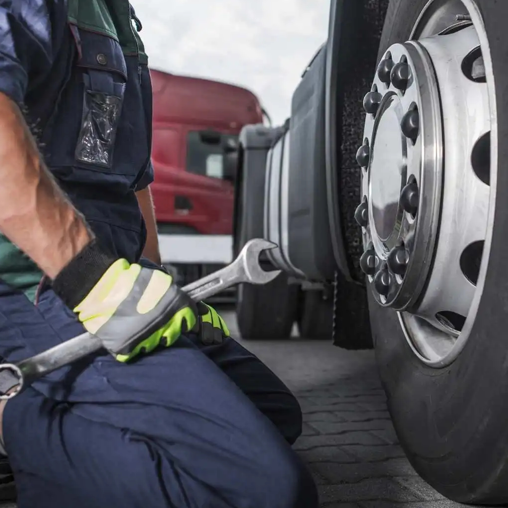 photo shows Dynamic Truck & Trailer Repair & Towing roadside assistance tech about to remove a semi truck tire